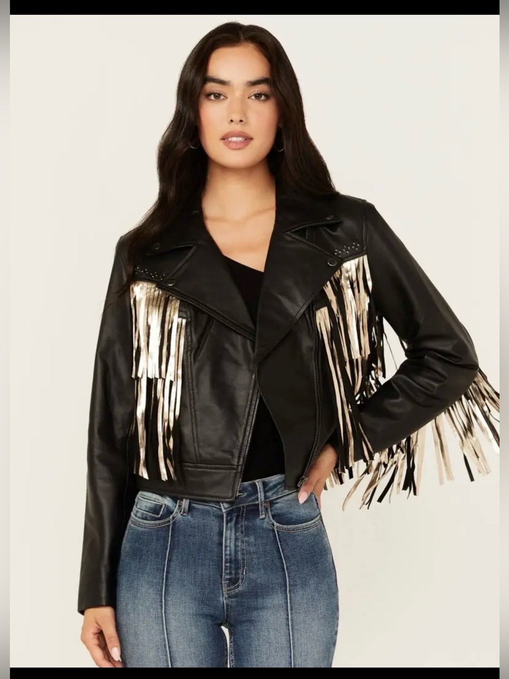 Idyllwind Black Leather Fringe Moto Jacket with Metallic Gold Trim